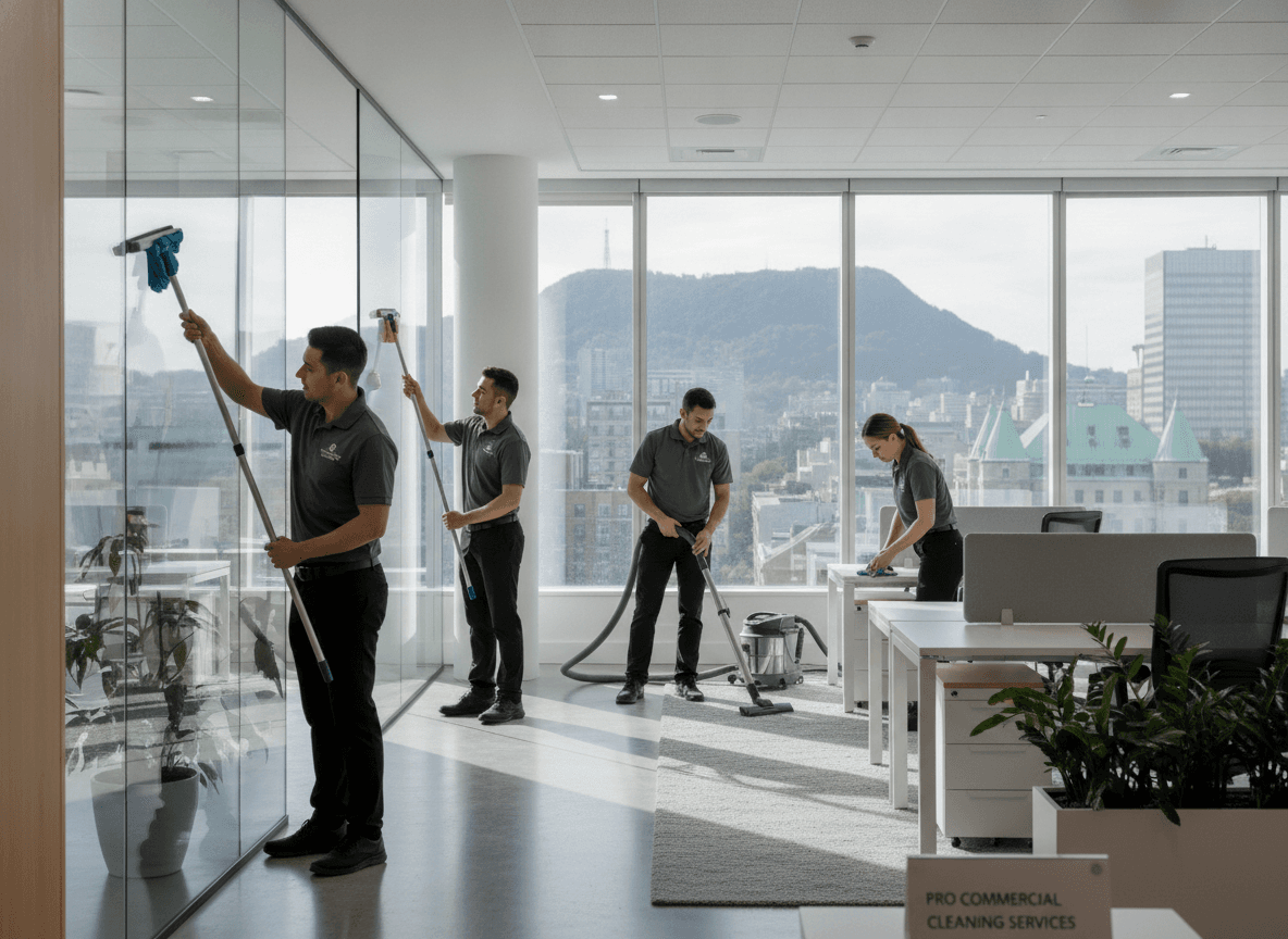 Professional cleaners at work in a Montreal commercial office space